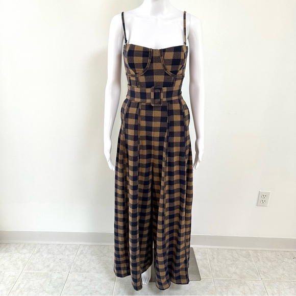 Free People Hold Me Tight Jumpsuit Indigo Combo Gingham Belted Wide Leg Size XS - Picture 1 of 10